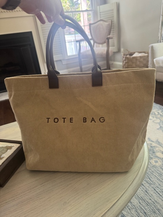 yuemanqi Handbags - Beige Corduroy Tote Bag with Brown Handles